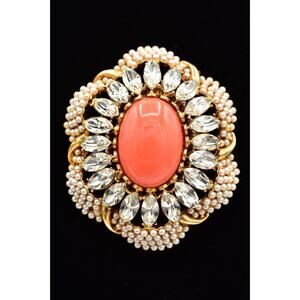 Vintage Cabochon Crystal Pin Brooch Coral Seed Pearl Heavy Chunky Gold 80s BinAL